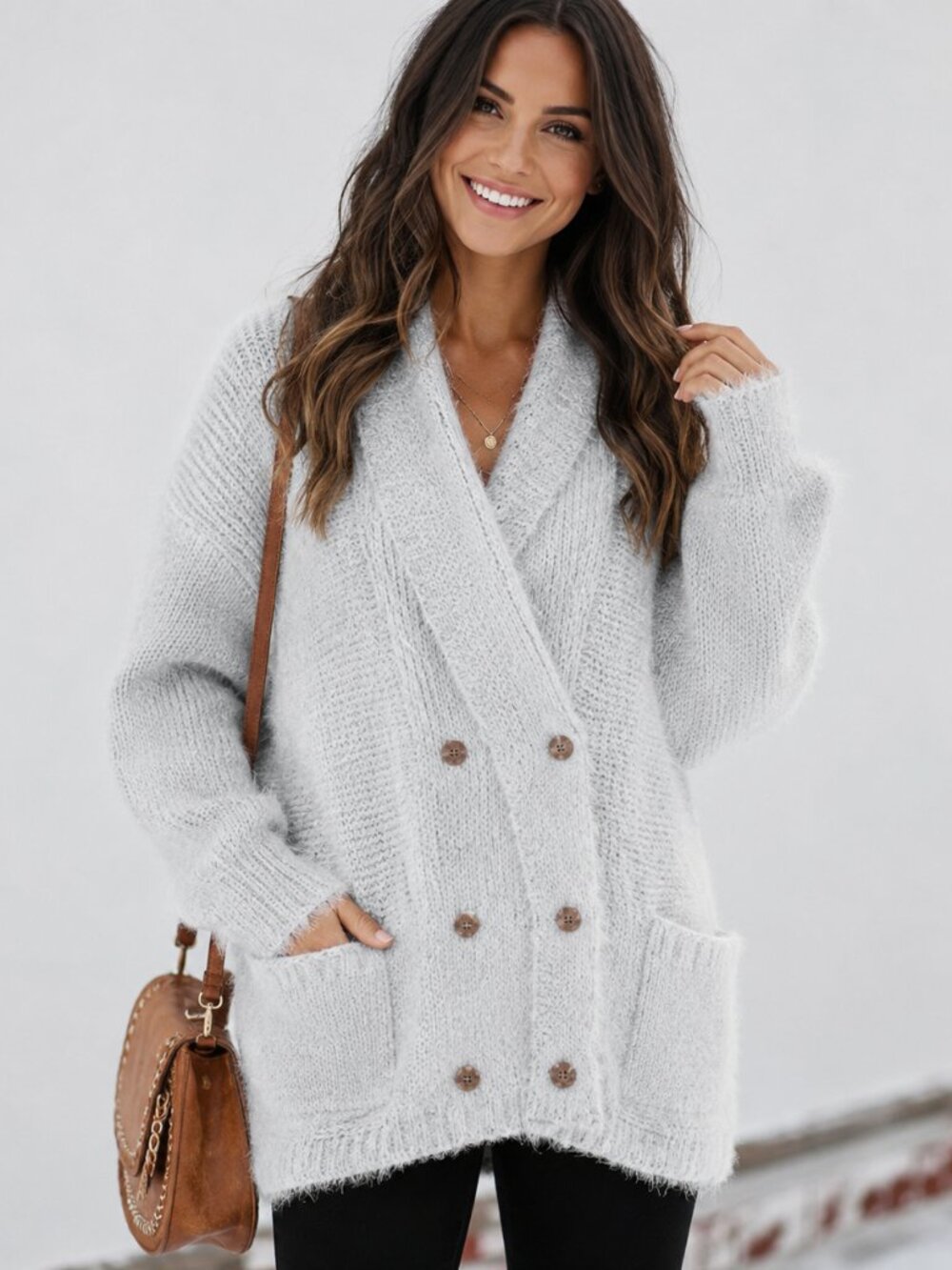Women’s Super Soft Gray Fuzzy Cardigan Button Front Relaxed Fit NWT